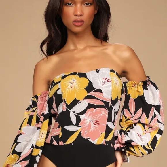 Lulu's Bring the Blossom Black Floral Print Off-the-Shoulder Bodysuit - Picture 1 of 6